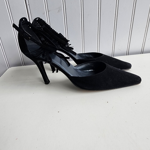 RARE Stuart Weitzman Fringelica Suede Point Toe Pump Black Ankle Strap Heel 7.5 - Picture 16 of 16